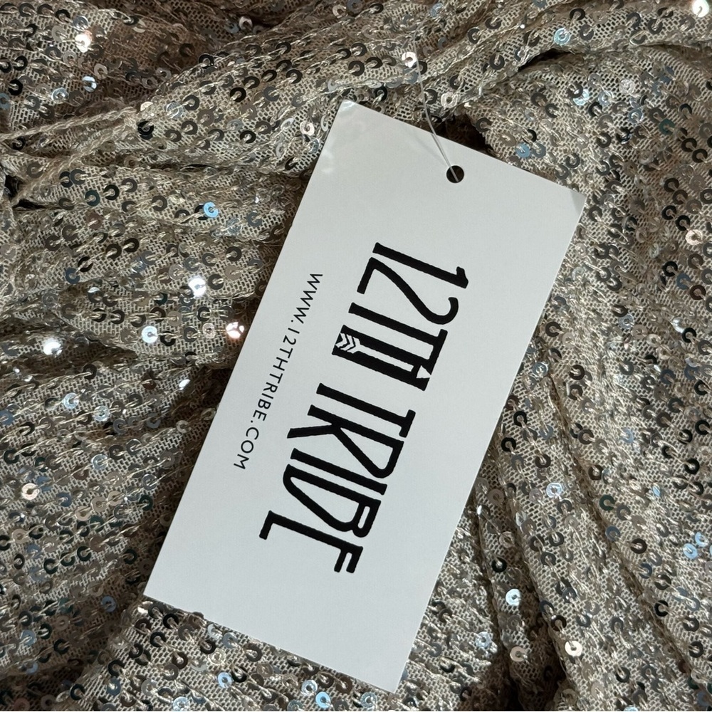 12th Tribe Now Or Never Champagne Sequin Wrap Dress sz S Sparkly Balloon Sleeve - Picture 10 of 11